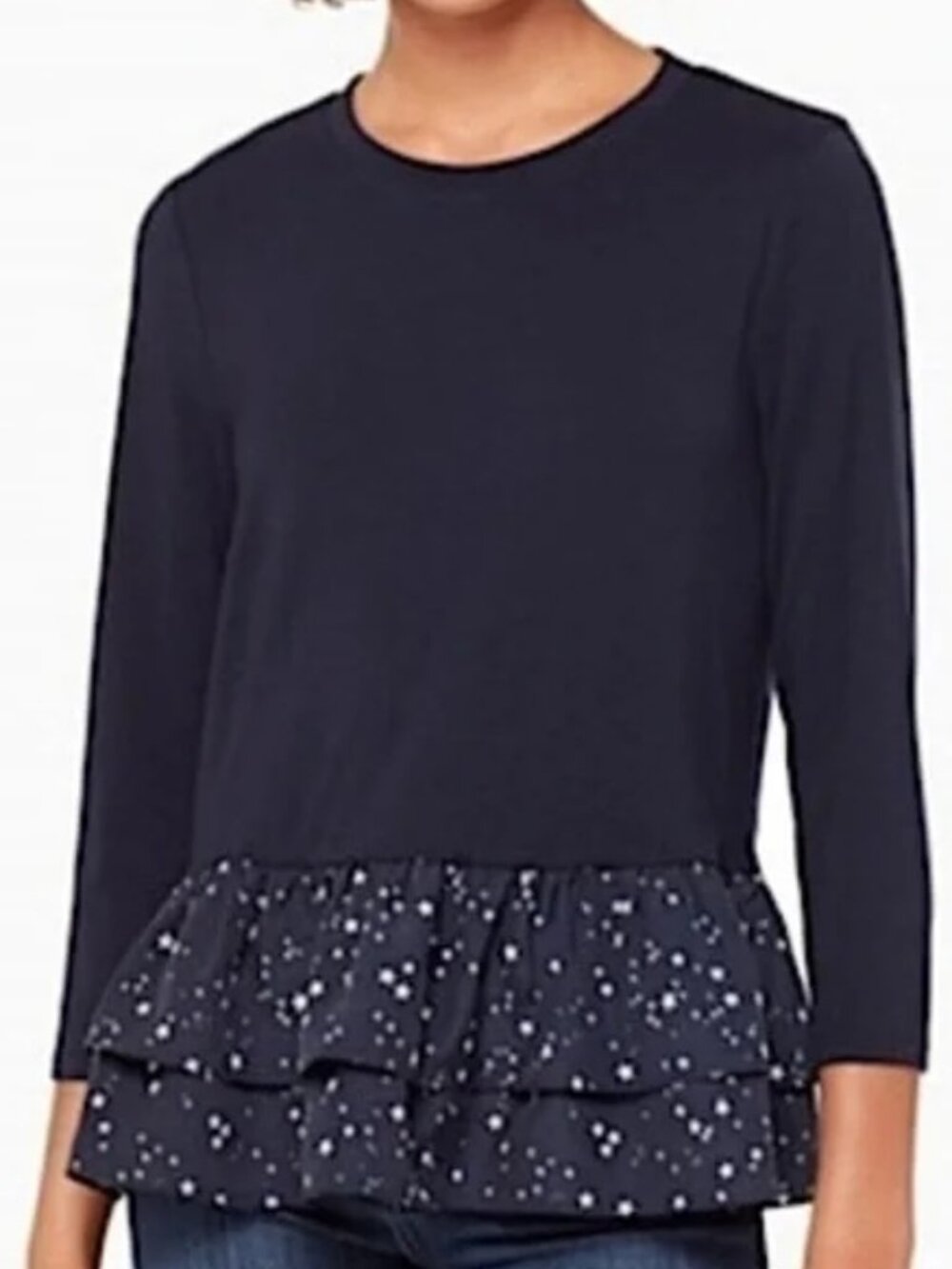 KATE SPADE Top Broome Street Navy with Star Print Ruffle Long Sleeve Sz Small